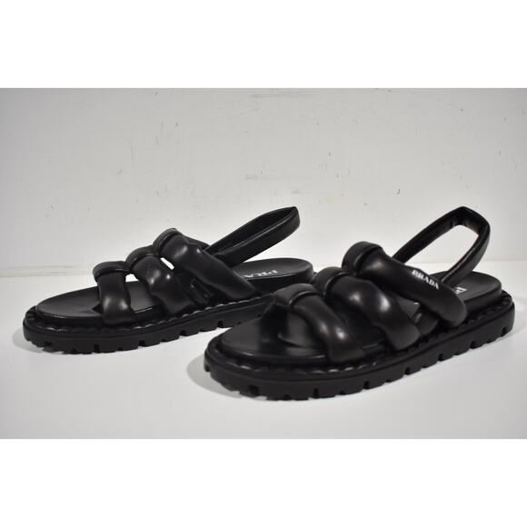 Prada Blow Black Padded Leather Logo Strappy Slingback Sport Sandal Flat 40 - Picture 10 of 12